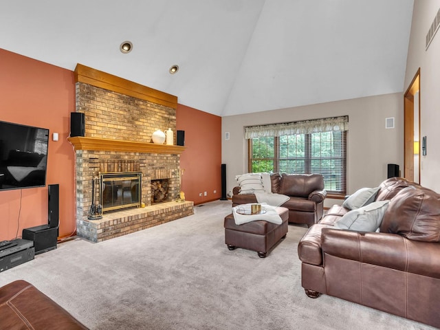 231 Deer Ln, Sleepy Hollow, IL 60118 - living room with high vaulted ceiling, carpet floors, and a fireplace