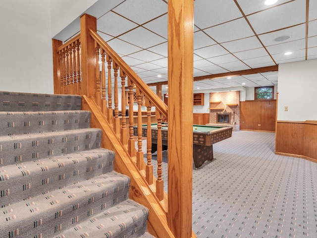 231 Deer Ln, Sleepy Hollow, IL 60118 - stairs featuring wood walls, wainscoting, carpet flooring, billiards, and recessed lighting