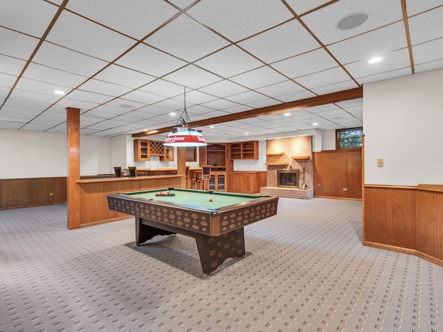 231 Deer Ln, Sleepy Hollow, IL 60118 - recreation room with wainscoting, wooden walls, carpet flooring, a community bar, and a paneled ceiling