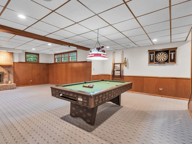 231 Deer Ln, Sleepy Hollow, IL 60118 - playroom featuring wainscoting, wood walls, billiards, carpet, and a paneled ceiling