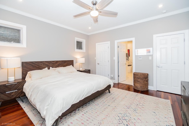 2418 N Southport Ave Unit 1, Chicago, IL 60614 - bedroom with wood finished floors, ornamental molding, connected bathroom, a ceiling fan, and recessed lighting