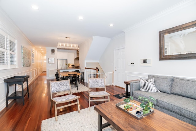 2418 N Southport Ave Unit 1, Chicago, IL 60614 - living area with ornamental molding, dark wood finished floors, wainscoting, a decorative wall, and recessed lighting