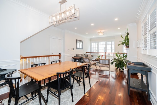 2418 N Southport Ave Unit 1, Chicago, IL 60614 - dining area featuring crown molding, dark wood-style flooring, a wainscoted wall, a decorative wall, and recessed lighting