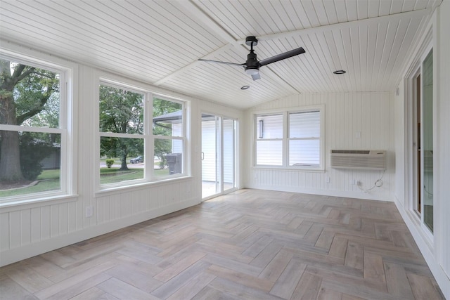 1717 Liston Ct, Normal, IL 61761 - unfurnished sunroom featuring lofted ceiling, an AC wall unit, wooden walls, plenty of natural light, and wooden ceiling