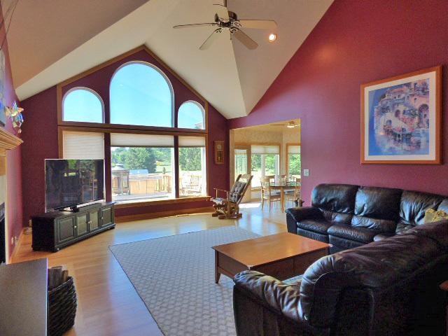 41W951 Hunters Hill Dr, Saint Charles, IL 60175 - living area with wood finished floors, a ceiling fan, high vaulted ceiling, recessed lighting, and a fireplace