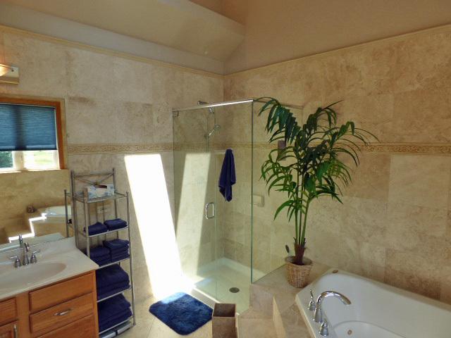 41W951 Hunters Hill Dr, Saint Charles, IL 60175 - full bath featuring vanity, a whirlpool tub, a shower stall, and tile walls