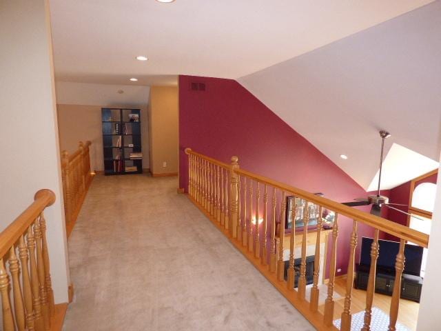 41W951 Hunters Hill Dr, Saint Charles, IL 60175 - hallway with an upstairs landing, vaulted ceiling, recessed lighting, and carpet flooring