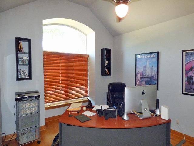 41W951 Hunters Hill Dr, Saint Charles, IL 60175 - office area featuring lofted ceiling, a ceiling fan, and wood finished floors