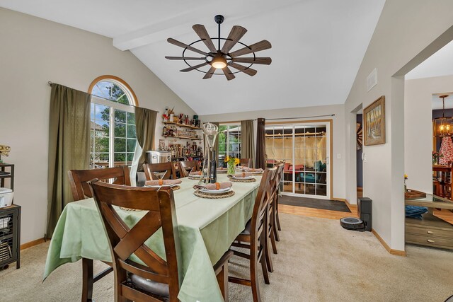 1308 Cumberland Dr, Joliet, IL 60431 - dining area featuring ceiling fan, light carpet, beam ceiling, and high vaulted ceiling