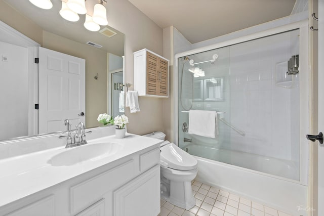1530 Orchard Cir, Naperville, IL 60565 - bathroom featuring vanity, tile patterned flooring, enclosed tub / shower combo, and a chandelier