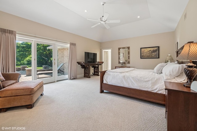 1881 Haven Ln, Green Oaks, IL 60048 - carpeted bedroom with access to exterior, lofted ceiling, a ceiling fan, and recessed lighting