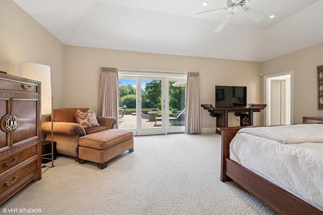 1881 Haven Ln, Green Oaks, IL 60048 - bedroom with light colored carpet, lofted ceiling, access to exterior, a ceiling fan, and recessed lighting