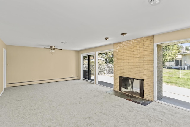 9613 S Kostner Ave, Oak Lawn, IL 60453 - unfurnished living room with a baseboard radiator, carpet, healthy amount of natural light, and a fireplace