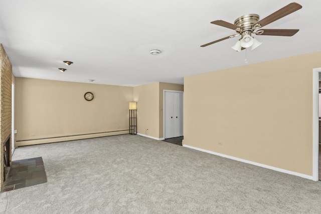 9613 S Kostner Ave, Oak Lawn, IL 60453 - unfurnished living room featuring baseboard heating, carpet flooring, ceiling fan, and a brick fireplace