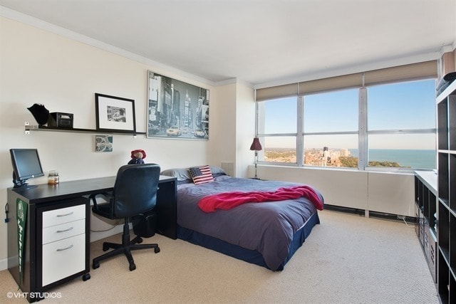 655 W Irving Park Rd Unit 5504, Chicago, IL 60613 - bedroom with light carpet and an office area