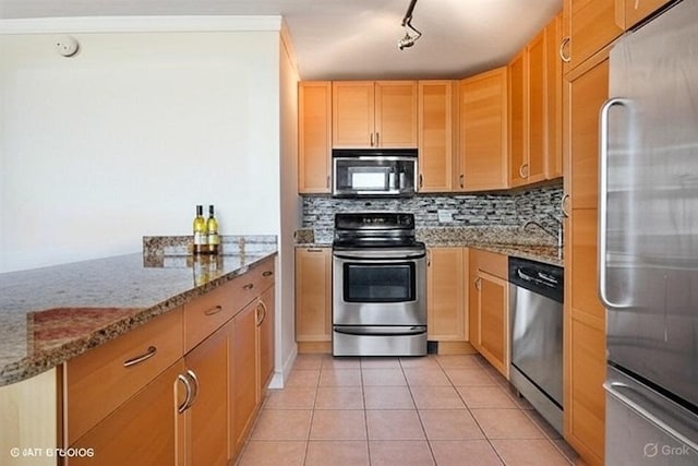 655 W Irving Park Rd Unit 5504, Chicago, IL 60613 - kitchen with stainless steel appliances, light brown cabinets, tasteful backsplash, light tile patterned floors, and light stone counters