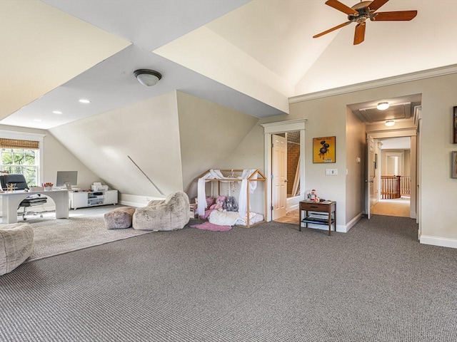 2207 N Elmkirk Pkwy N, Mchenry, IL 60051 - carpeted living room with vaulted ceiling, ceiling fan, an office area, recessed lighting, and attic access