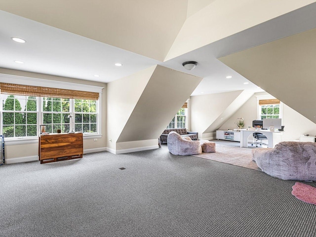 2207 N Elmkirk Pkwy N, Mchenry, IL 60051 - living area with healthy amount of natural light, recessed lighting, carpet flooring, an office area, and lofted ceiling