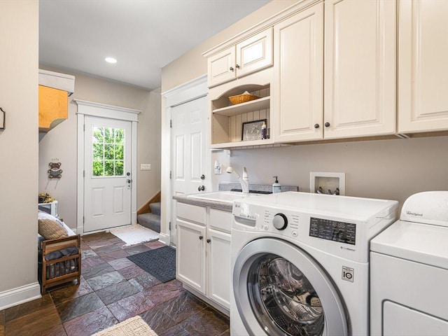 2207 N Elmkirk Pkwy N, Mchenry, IL 60051 - laundry area featuring cabinet space, washer and dryer, recessed lighting, and stone tile flooring