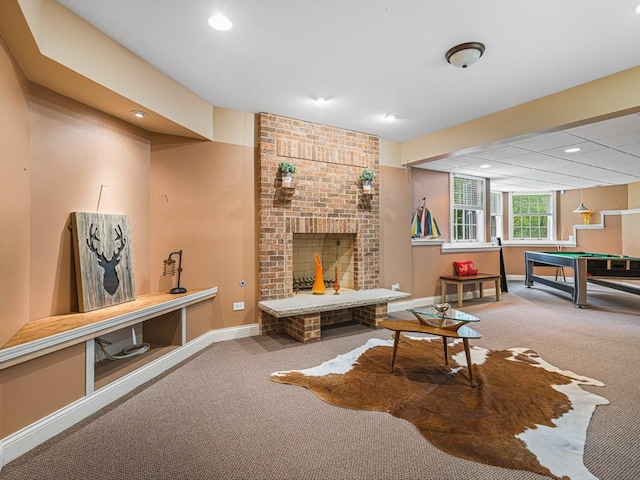 2207 N Elmkirk Pkwy N, Mchenry, IL 60051 - carpeted living area featuring a brick fireplace, pool table, and recessed lighting
