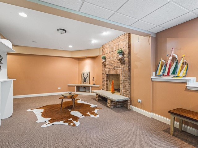 2207 N Elmkirk Pkwy N, Mchenry, IL 60051 - living area featuring carpet flooring, a fireplace, recessed lighting, and a drop ceiling