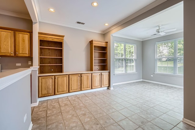 13490 Honeysuckle Dr, Huntley, IL 60142 - unfurnished living room with a ceiling fan, ornamental molding, recessed lighting, and light tile patterned floors
