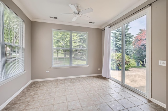 13490 Honeysuckle Dr, Huntley, IL 60142 - unfurnished room featuring plenty of natural light, ceiling fan, ornamental molding, and light tile patterned floors