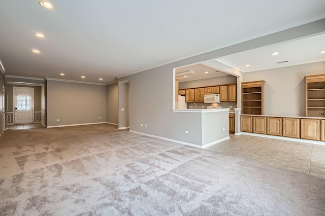 13490 Honeysuckle Dr, Huntley, IL 60142 - unfurnished living room with recessed lighting, crown molding, and light colored carpet