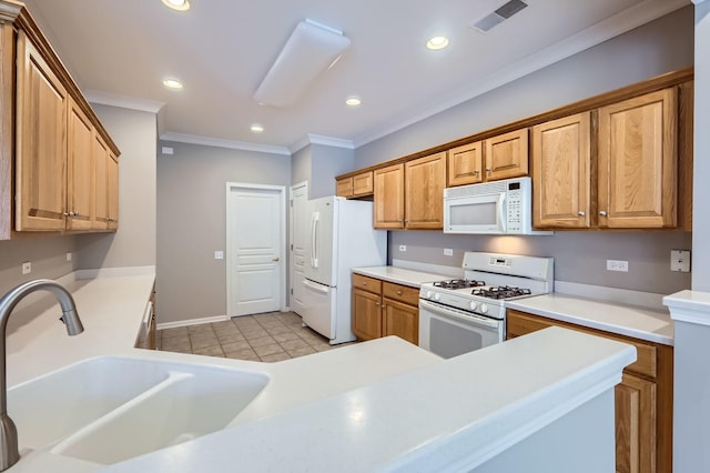 13490 Honeysuckle Dr, Huntley, IL 60142 - kitchen with white appliances, crown molding, light countertops, recessed lighting, and light tile patterned floors