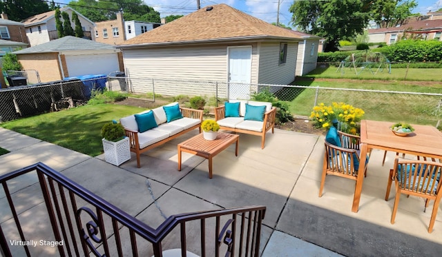 5448 N Washtenaw Ave, Chicago, IL 60625 - fenced backyard with an outdoor living space and a patio area