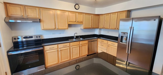 5448 N Washtenaw Ave, Chicago, IL 60625 - kitchen featuring appliances with stainless steel finishes, under cabinet range hood, light brown cabinetry, and dark countertops
