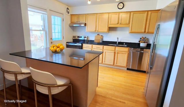 5448 N Washtenaw Ave, Chicago, IL 60625 - kitchen with stainless steel appliances, light brown cabinetry, light wood-type flooring, under cabinet range hood, and dark countertops