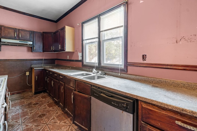 5212 S Honore St, Chicago, IL 60609 - kitchen featuring dishwasher, under cabinet range hood, crown molding, dark tile patterned floors, and dark brown cabinets