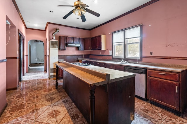 5212 S Honore St, Chicago, IL 60609 - kitchen featuring stainless steel dishwasher, crown molding, under cabinet range hood, ceiling fan, and dark tile patterned flooring