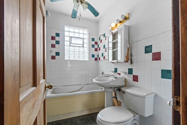 5212 S Honore St, Chicago, IL 60609 - full bath with tile walls, a ceiling fan, tile patterned flooring, and  shower combination