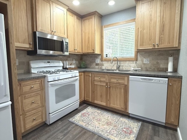 1508 Hancock Dr Unit 1, Normal, IL 61761 - kitchen featuring white appliances, dark wood-type flooring, decorative backsplash, and recessed lighting