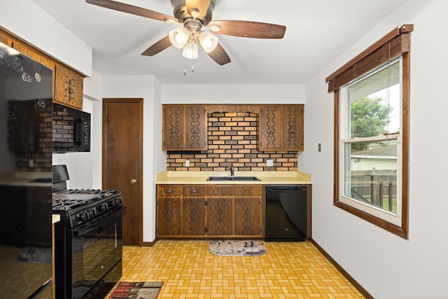 2110 Sanford Ave, New Lenox, IL 60451 - kitchen featuring black appliances, ceiling fan, light countertops, decorative backsplash, and brick patterned floors