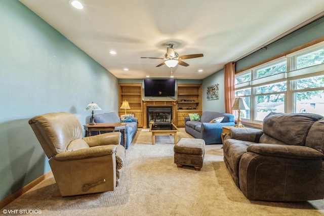 920 Barnside Rd, New Lenox, IL 60451 - carpeted living room featuring ceiling fan, recessed lighting, and a glass covered fireplace