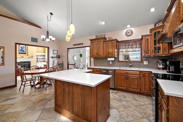 4751 N 5500w Rd, Kankakee, IL 60901 - kitchen with dishwasher, black electric range, vaulted ceiling, decorative backsplash, and brown cabinetry
