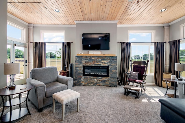 4751 N 5500w Rd, Kankakee, IL 60901 - living area featuring crown molding, wooden ceiling, recessed lighting, carpet flooring, and a stone fireplace