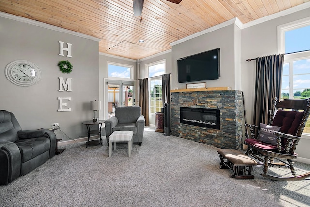 4751 N 5500w Rd, Kankakee, IL 60901 - living area featuring crown molding, carpet floors, plenty of natural light, wooden ceiling, and ceiling fan