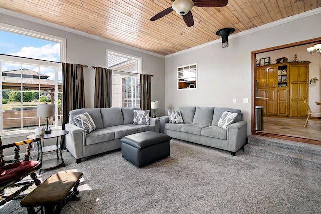 4751 N 5500w Rd, Kankakee, IL 60901 - living area featuring wooden ceiling, ornamental molding, ceiling fan, and carpet floors