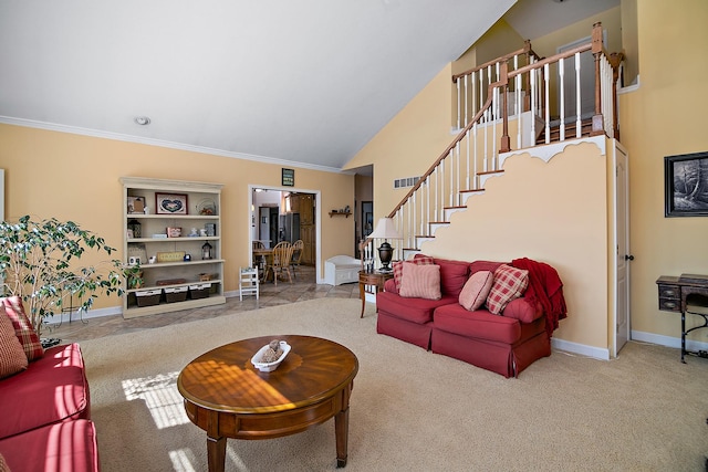 4751 N 5500w Rd, Kankakee, IL 60901 - carpeted living room with stairs, crown molding, and high vaulted ceiling