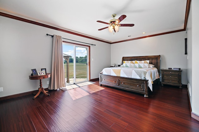4751 N 5500w Rd, Kankakee, IL 60901 - bedroom featuring access to exterior, ornamental molding, dark wood-type flooring, and a ceiling fan