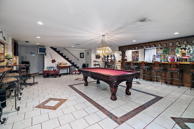 4751 N 5500w Rd, Kankakee, IL 60901 - rec room featuring pool table, recessed lighting, a dry bar, and light tile patterned flooring
