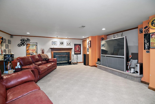 4751 N 5500w Rd, Kankakee, IL 60901 - living room featuring crown molding, carpet flooring, a fireplace with flush hearth, and recessed lighting