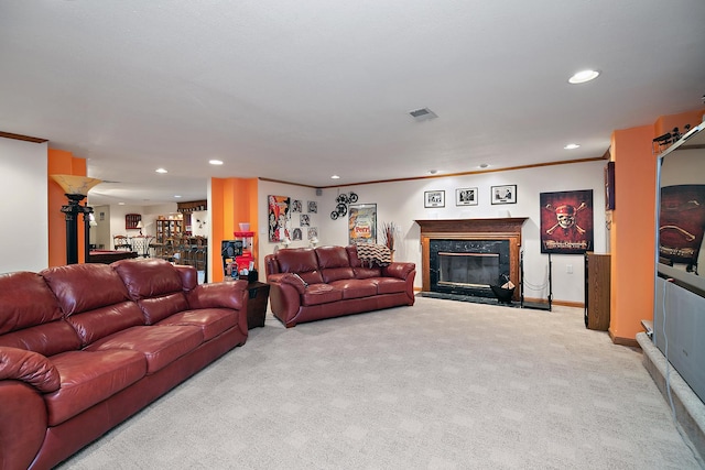 4751 N 5500w Rd, Kankakee, IL 60901 - living room with recessed lighting, light colored carpet, crown molding, a high end fireplace, and bar