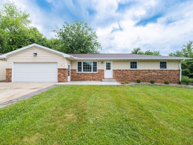 14746 Mercury Ln, Bloomington, IL 61705 - single story home with an attached garage, driveway, a front yard, and brick siding