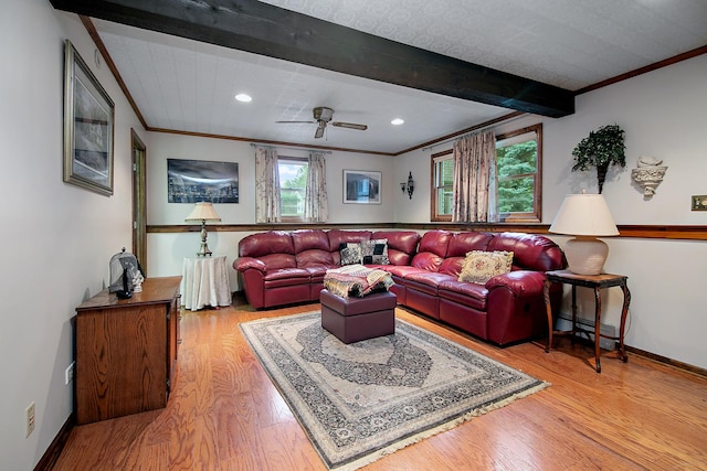 15630 Le Claire Ave, Oak Forest, IL 60452 - living area featuring crown molding, light wood-type flooring, ceiling fan, recessed lighting, and beam ceiling