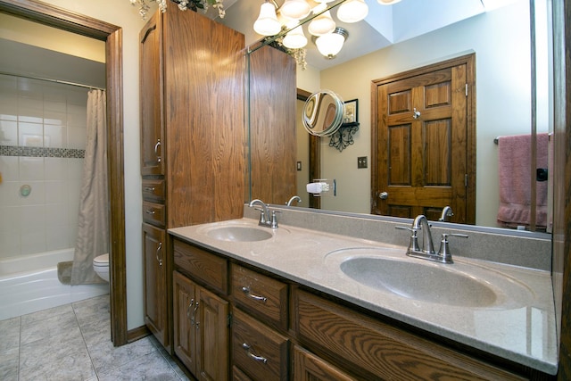 15630 Le Claire Ave, Oak Forest, IL 60452 - bathroom with double vanity, shower / bath combo with shower curtain, and tile patterned flooring